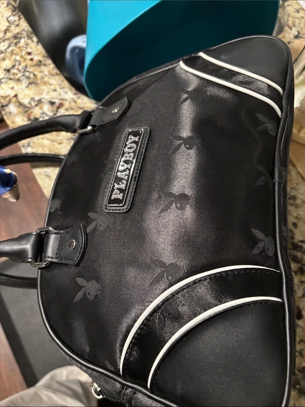 PLAYBOY Black Satchel /crossbody strap with White Piping Accents